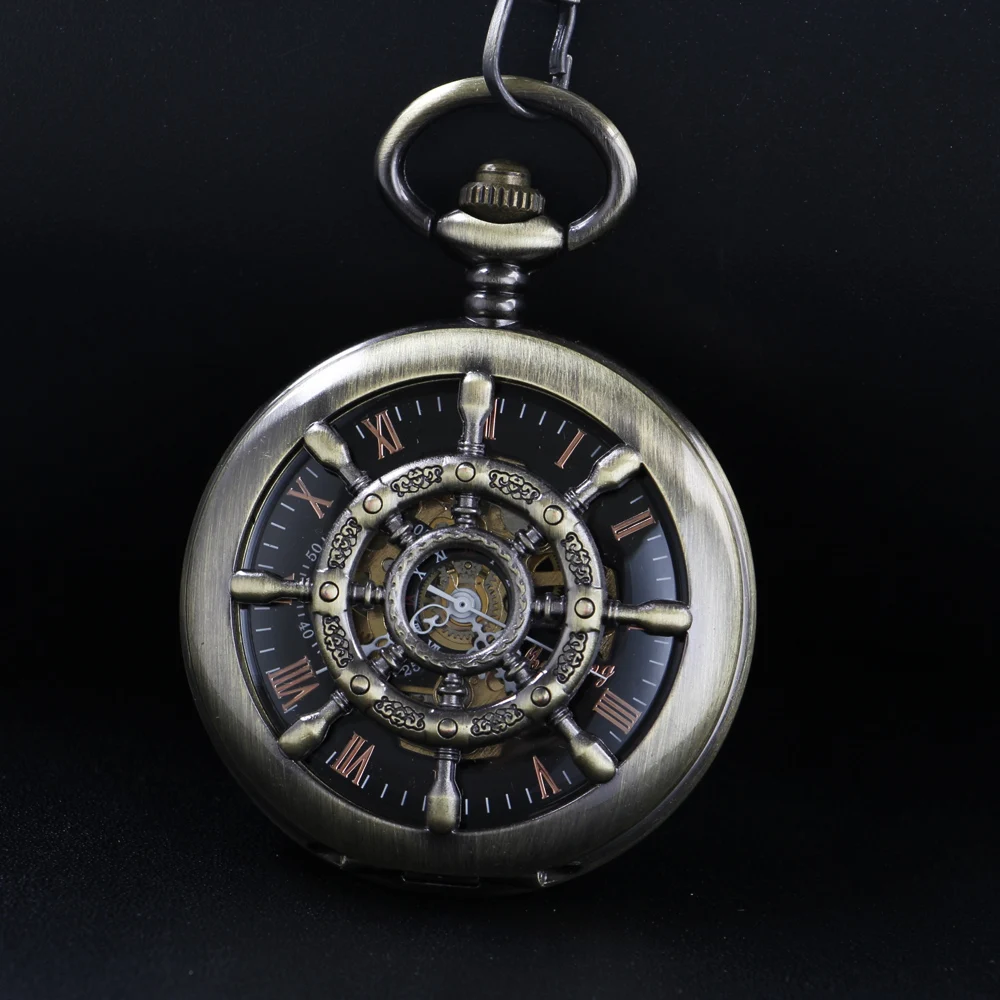 Rudder Hollow Design Bronze Roman Mechanical Pocket Watch High Quality Necklace Timing Pendant Unisex Pocket Watch Gift PJX1463