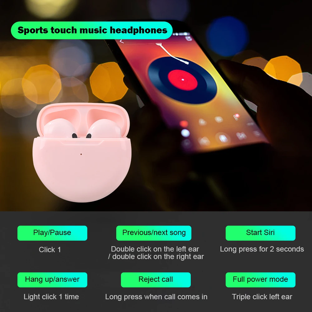 

TWS беспроводные наушники Bluetooth наушники-вкладыши басовая гарнитура Air Pro 6 спортивные наушники с микрофоном для Apple iPhone Xiaomi Huawei