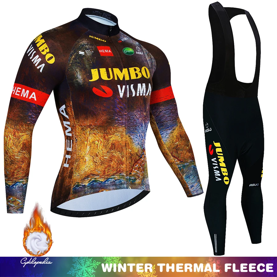 2023 Team Jumbo Visma Cycling Jersey Set Men France Tour Winter Clothing Long Sleeve Bike Thermal Jacket Suit MTB Ropa Ciclismo
