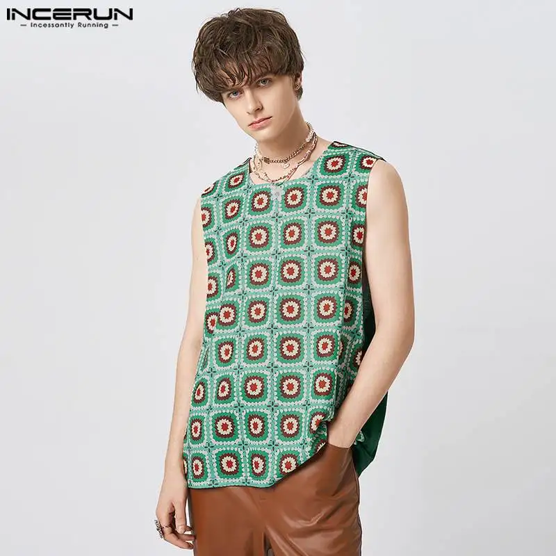 

INCERUN Tops 2023 American Style New Mens Windowpane Checks Waistcoat Fashion Party Male Large Round Neck Sleeveless Vests S-5XL