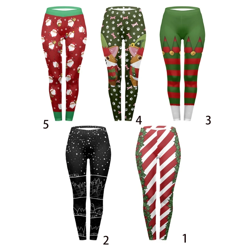 

Women Christmas Mid Rise Leggings Cartoon Santa Stripes Print Yoga Skinny Pants