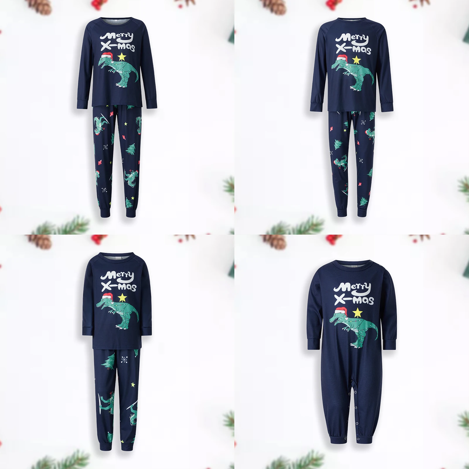 

Family Winter 2 Pieces Pajamas Set Crew Neck Dinosaur Printed Navy Blue Long Pants Suit Loose Christmas Style Sleepwear