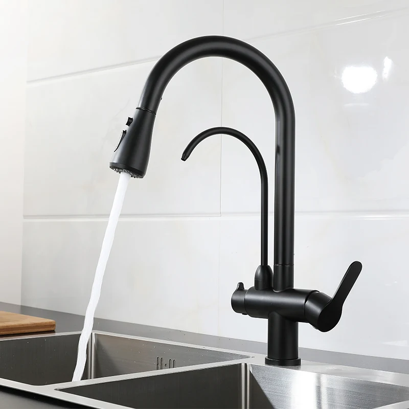 

304 Stainless Steel Kitchen Basin Faucet Pull-Out Cold And Hot Water Pure Direct Drinking Faucet Three In One Silver Black