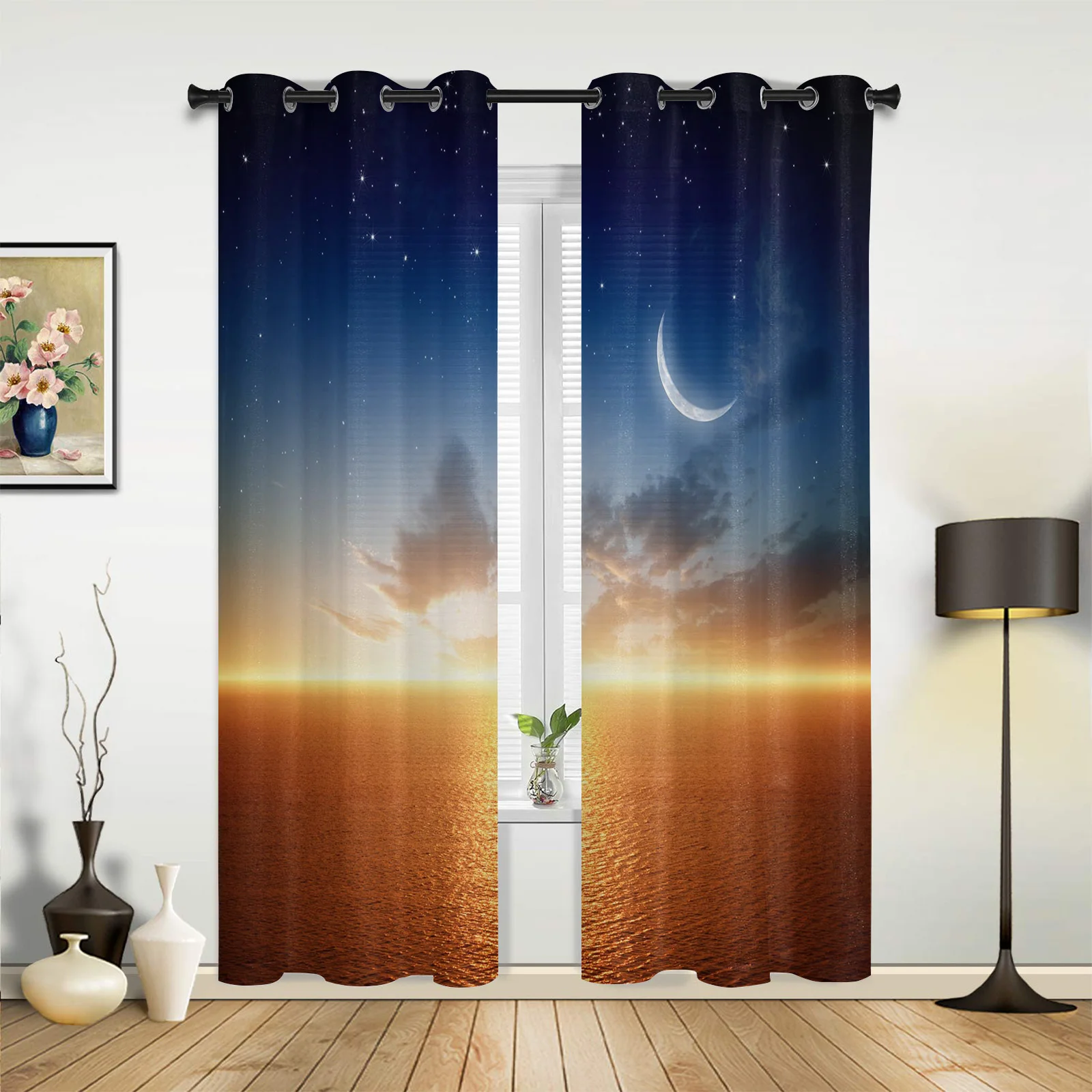 

Sea Sunset Moon Stars Curtains for Bedroom Living Room Drapes Kitchen Children's Room Window Curtain Modern Home Decor