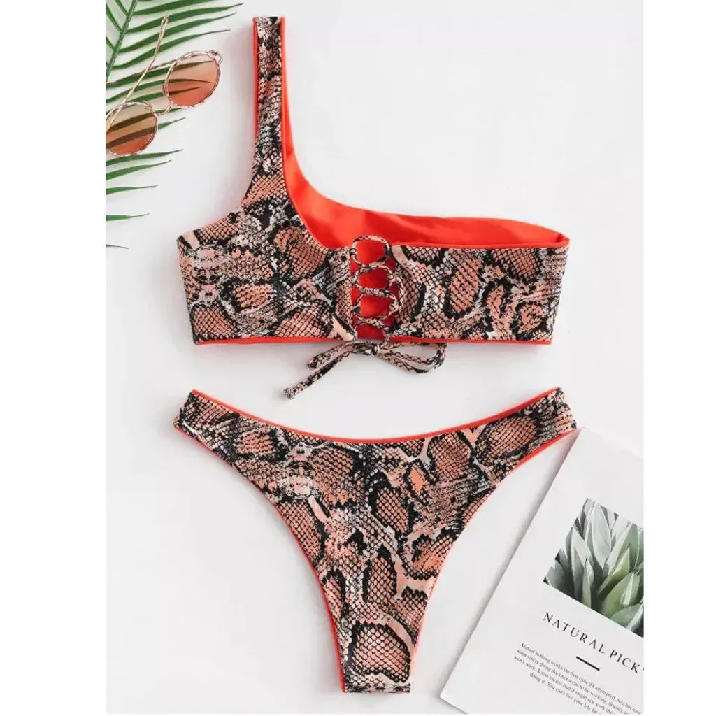 

#H30 Women's Bikini Set Two Piece Print Sexy Split Single Shoulder Swimsuit Women Bikinis 2020 Swimwear Beachwear Biquinis