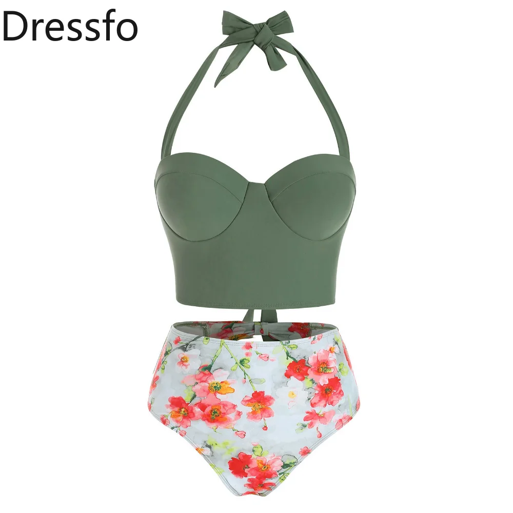 

Dressfo Swimwear Floral Print Cutout Corest Push Up High Waist Tankini Swimsuit Women Bathing Set Bikini Bather Beachwear 2023