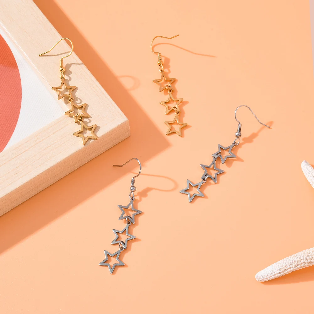 Новые серьги-подвески с тремя пентаграммами и французским крючком яркие живые