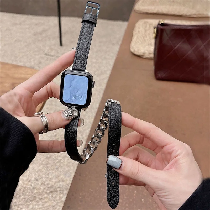 Leather Strap For Apple Watch band Double Circle 45mm 41mm 44mm 40mm 49mm 42mm 38mm Women Thin Bracelet iWatch ultra 8 7 6 5 3