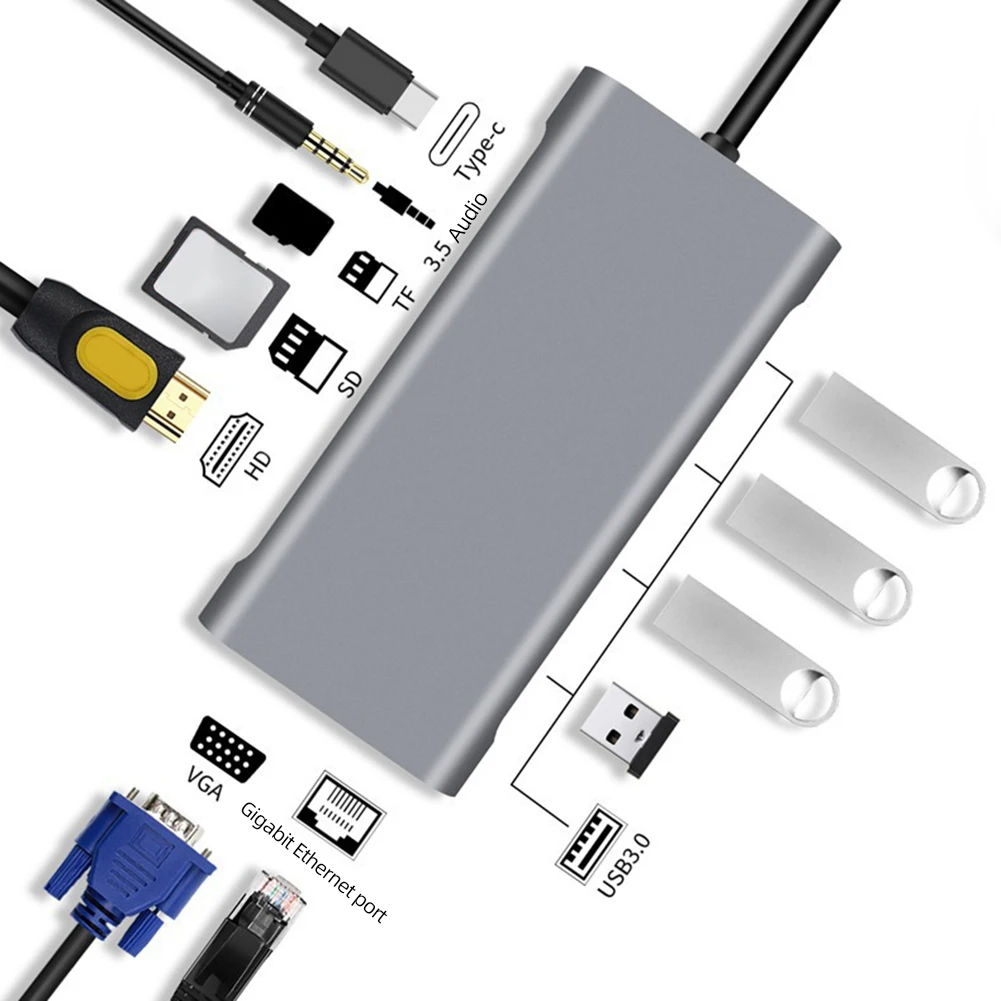 

11 в 1 USB C концентратор тип C адаптер для ноутбука 4K HDMI-совместимый VGA SD TF RJ45 Lan PD USB 3,0 разделитель док-станции для ноутбука и ПК