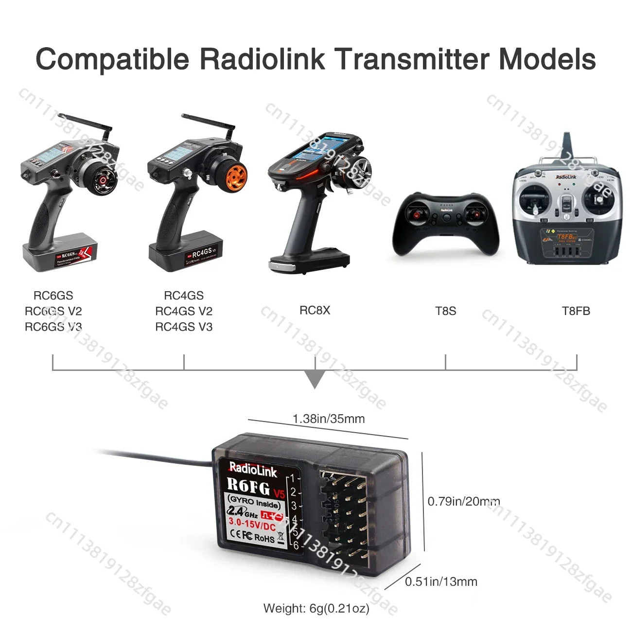 Фото Радиоприемник Radiolink RC R6FG 6-канальный 2.4G HV Servo RX с гироскопом для управления на больших расстояниях, совместимый с передатчиками RC4GS V2/RC6GS V2 для радиоуправляемых машин и лодок №5