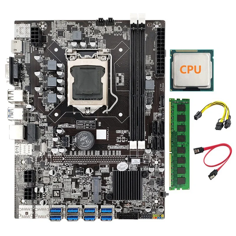

Материнская плата B75 BTC для майнинга, LGA1155 8 GPU PCI-E 1X 16X DDR3 4 Гб 1600 МГц ОЗУ + случайный ЦП + двойной 8-контактный кабель 6Pin + кабель SATA