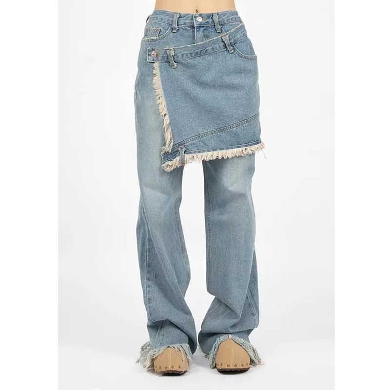 

Женские джинсы Y2k, шикарные мешковатые джинсы с имитацией двух частей, Повседневные Удобные Свободные прямые брюки, новая уличная одежда 2022
