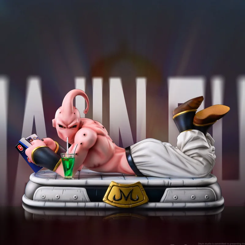 

13cm Anime Dragon Ball Gk Lying Position Read A Book Drink Majin Buu Violent Series Resonance Figures Pvc Decorative Model Gift