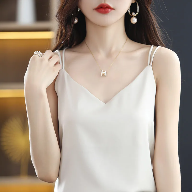 Женские блузки Летняя шелковая футболка с V-образным вырезом атласная Офисная