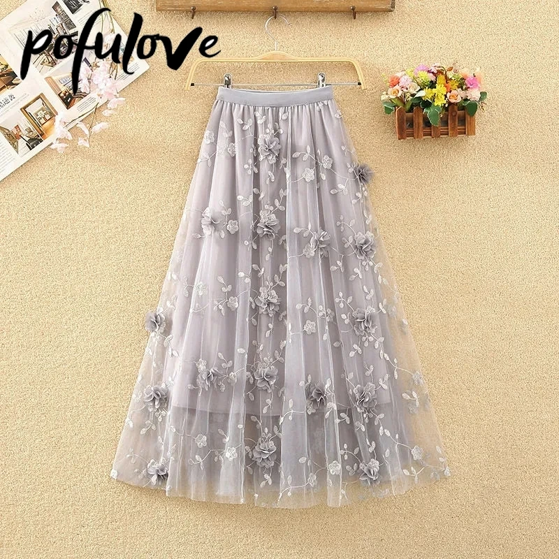 

Mesh Pleated Skirt Woman Three-dimensional Embroidered Flower High Waist and Mid-length Elastic Skirt Spring and Summer