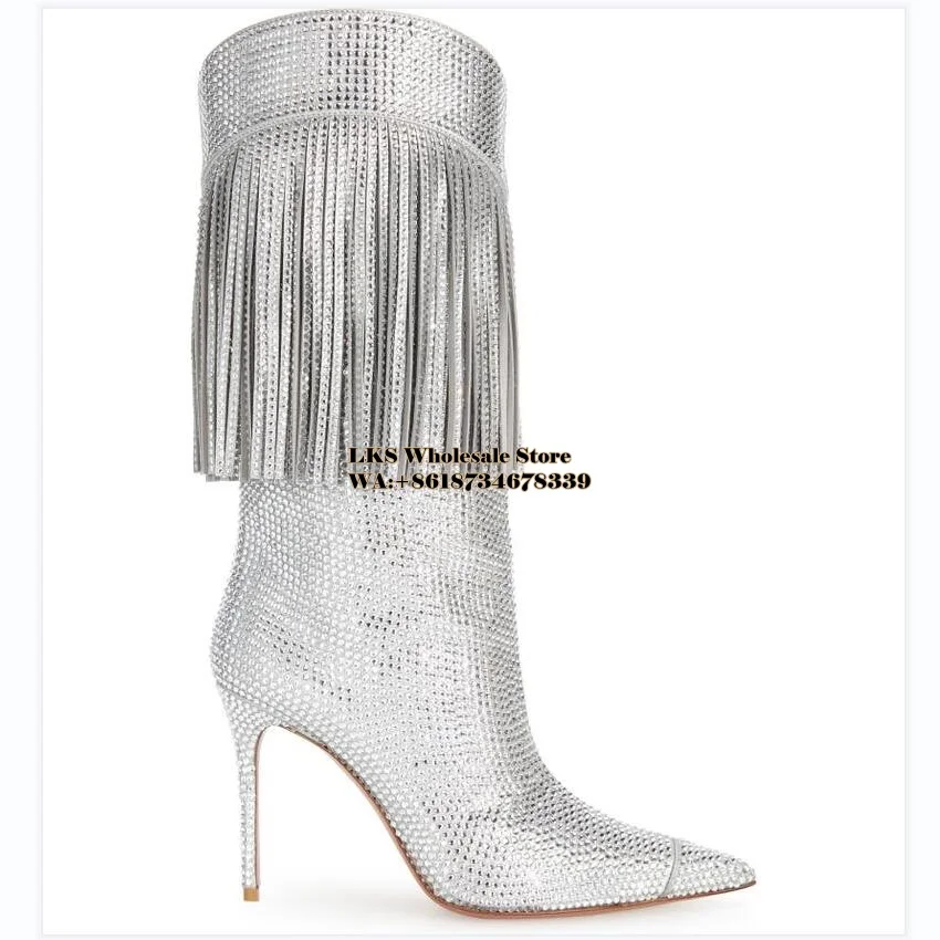 

New Women Shoes Vegan Leather Glamour Crystal Fringe Stiletto Boots Pointed Toe Silver Mid Calf Boots Women Boots Party Shoes 45