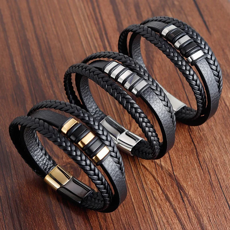 

Fashion Leather Bracelet Men Multilayer Stainless Steel Handmade Braided Leather Bracelet For Men Jewelry Gift
