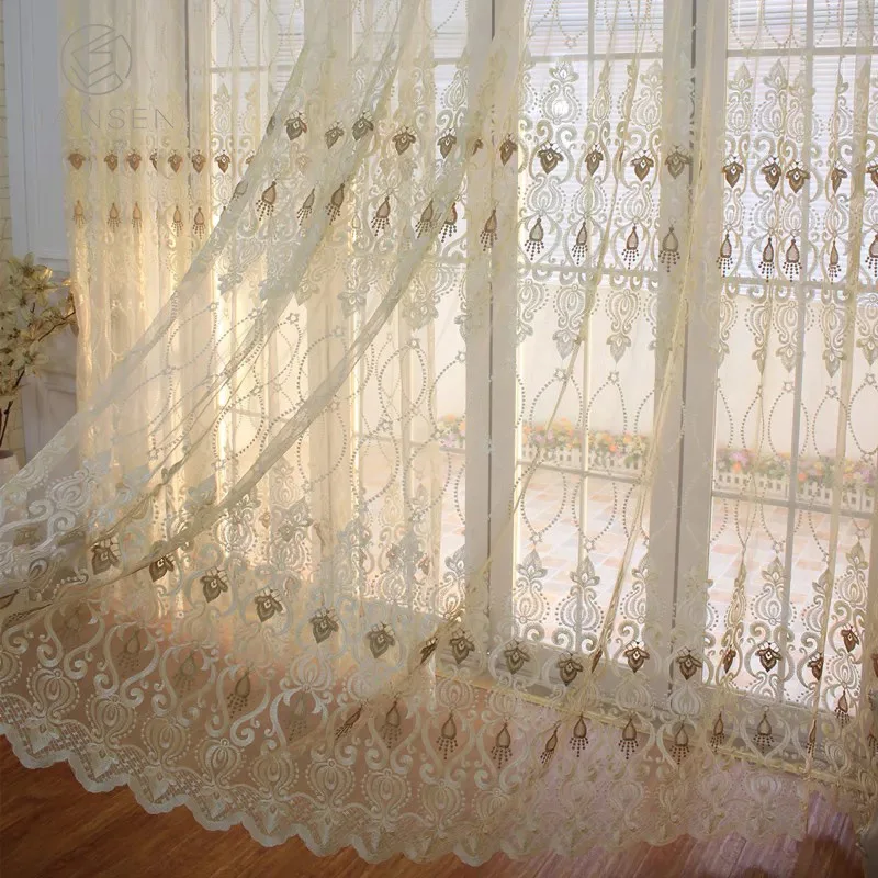 

European Luxury Sheer Curtains For Living Room Elegant Embroidery Golden Lace Bottom Tulle For Bay Window Home Decor Custom