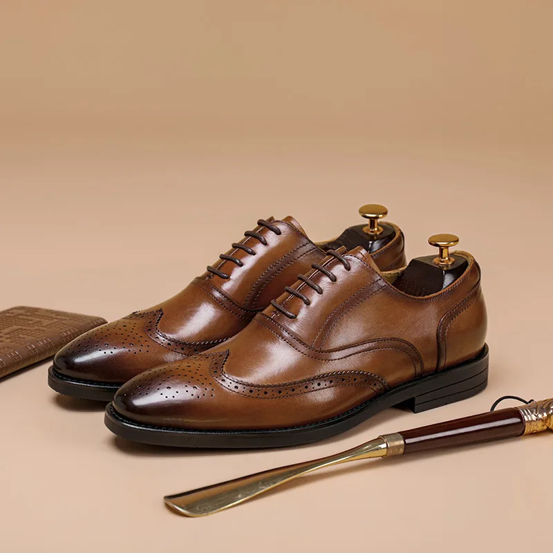 

British Trendy Mens Business Leather Shoes 2023 New Style Classic Brown Brogues Dress Shoes for Male Genuine Leather Oxfords