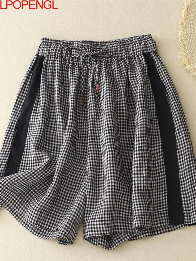 

Шорты женские летние в клетку, с эластичным поясом и широкими штанинами