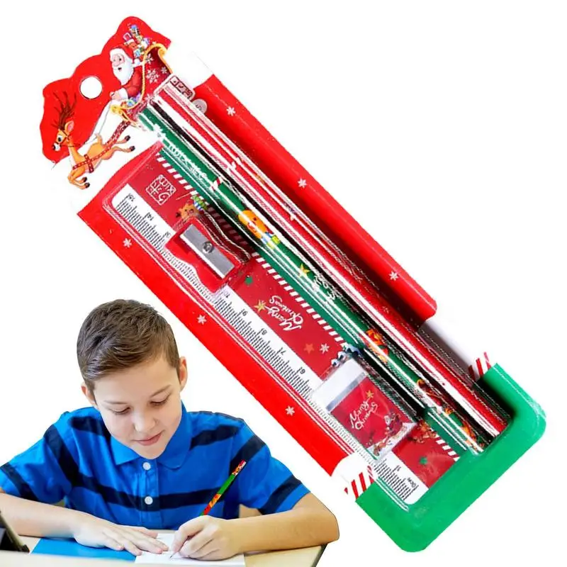 

Женский подарочный набор, 5 шт., Мультяшные деревянные карандаши с ластиком, линейка, призовая премиум класса, Рождество