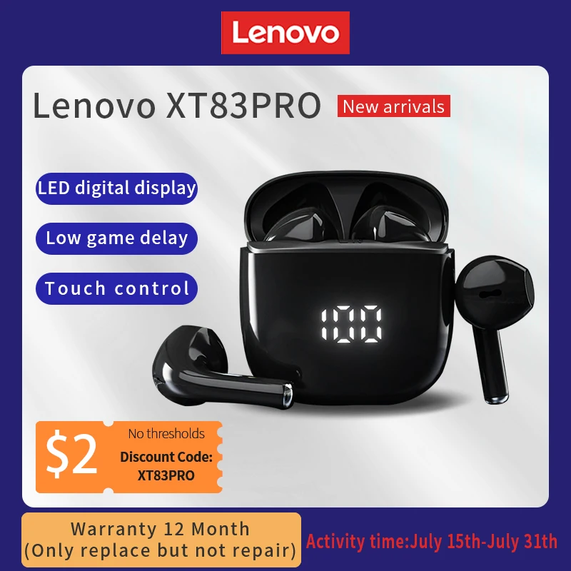 

Lenovo XT83 Pro Bluetooth Earphones Wireless Sport Headphones Noise Reduction Touch Control Earbuds with Dual Mics LED Display