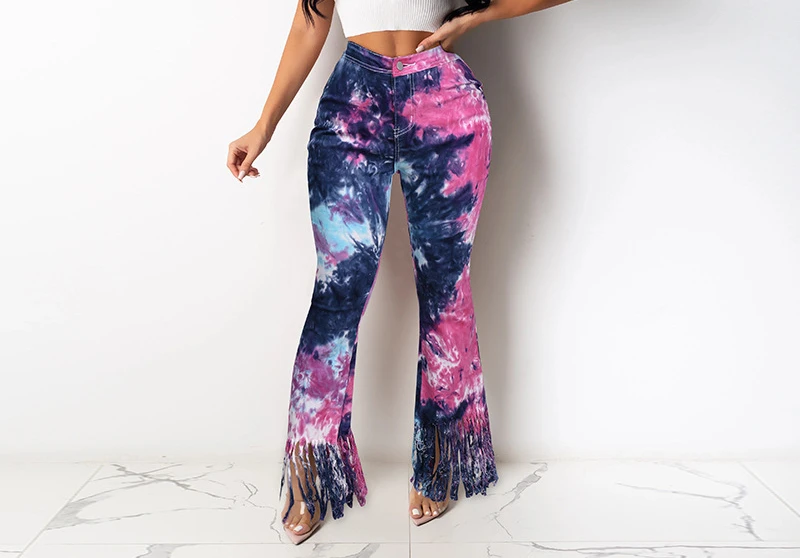 Women's 2023 Jeans Woman Lady Fashion Temperament Tie-Dye Tassel Micro-Flare Casual Pants