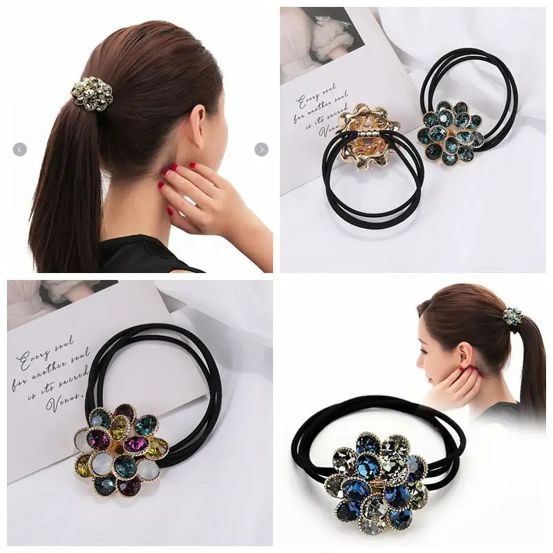 

Women Hair Ties Elastic Rubber Bands Girl Crystal Zircon Flower Floral Korean Scrunchies Head Accessories Handmade Wholesale