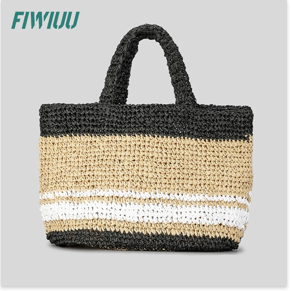 Fiwiuu Womens Handmade Straw Bag Travel Beach Tote Fishing Mesh Bag Straw Woven Bag Shopper Bag With Letter Print