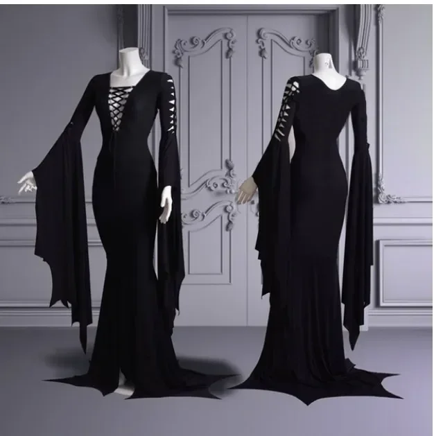 

Wednesday Morticia Addams Cosplay Floor Dress Costume Adult Women Punk Gothic Witch Vintage Sexy Lace Up Slim Gown Halloween