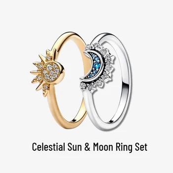 Anillo de Plata de Ley 925 con diseño de estrellas, Luna, Sol Celestial y Luna 1