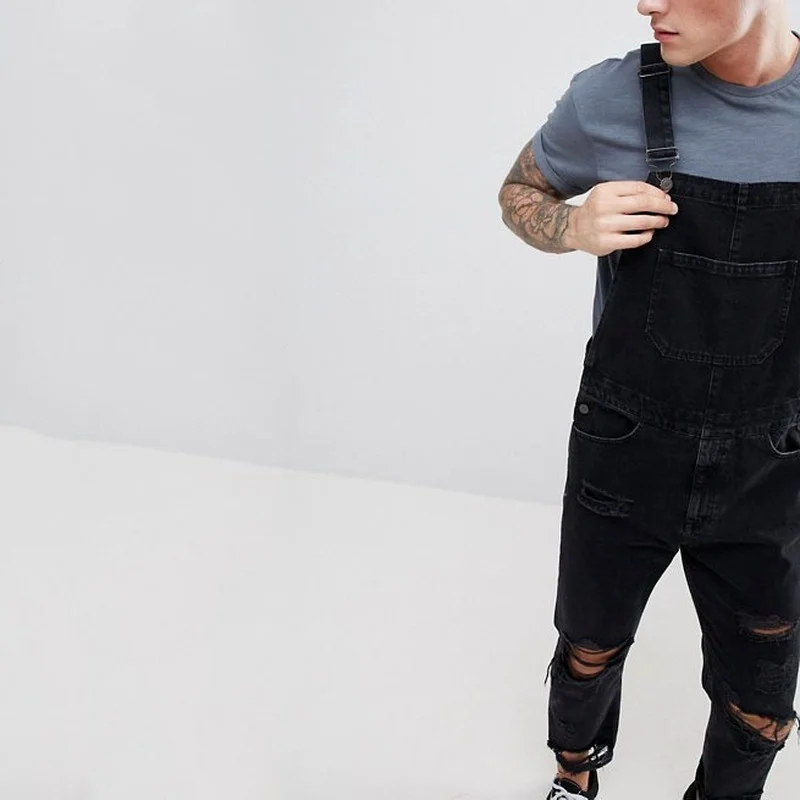 Fashionable Bibs Men Jeans Suspender Denim Jumpsuit Ripped Hole Pants Streetwear Full Length Overalls Black Trousers