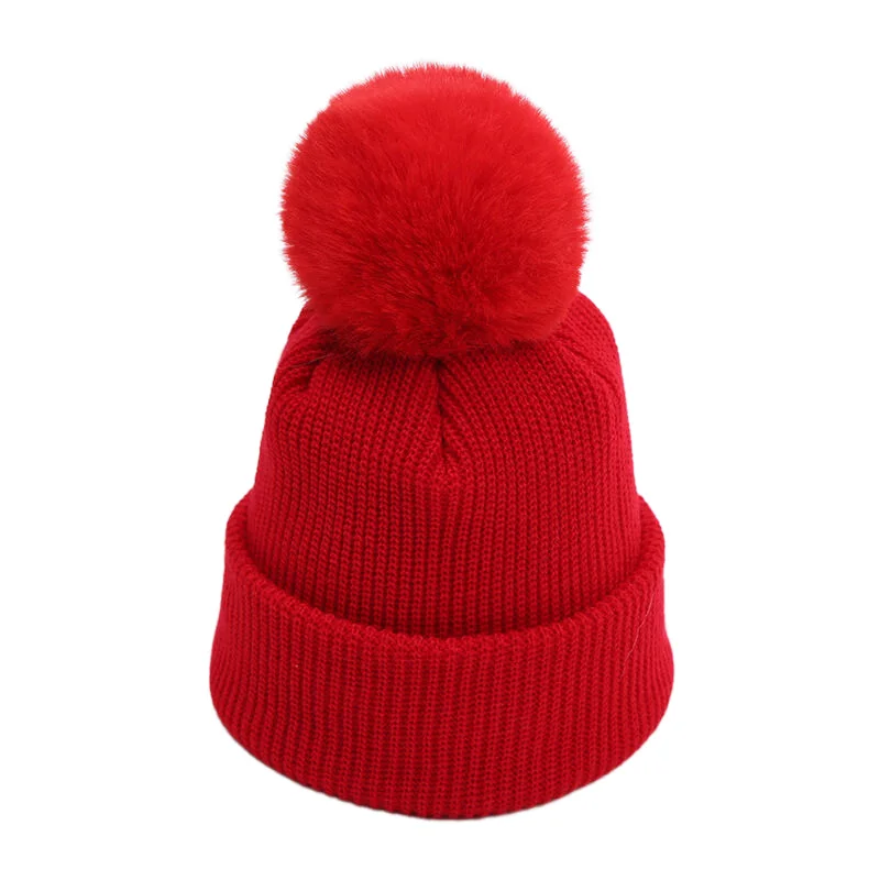 

Winter Kids Plain Pom Pom Beanies Ribbed Knitted Hats for Girls Boys 2-8 Years Red Yellow White Grey Black Dusty Pink