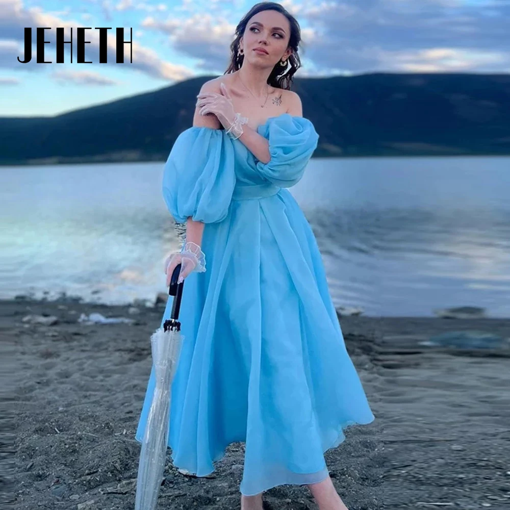 

Tulle Evening Dresses 2022 Strapless Off The Shoulder A-Line Tea-Length Formal Party Prom Gowns Vestido Fiesta Mujer Elegant
