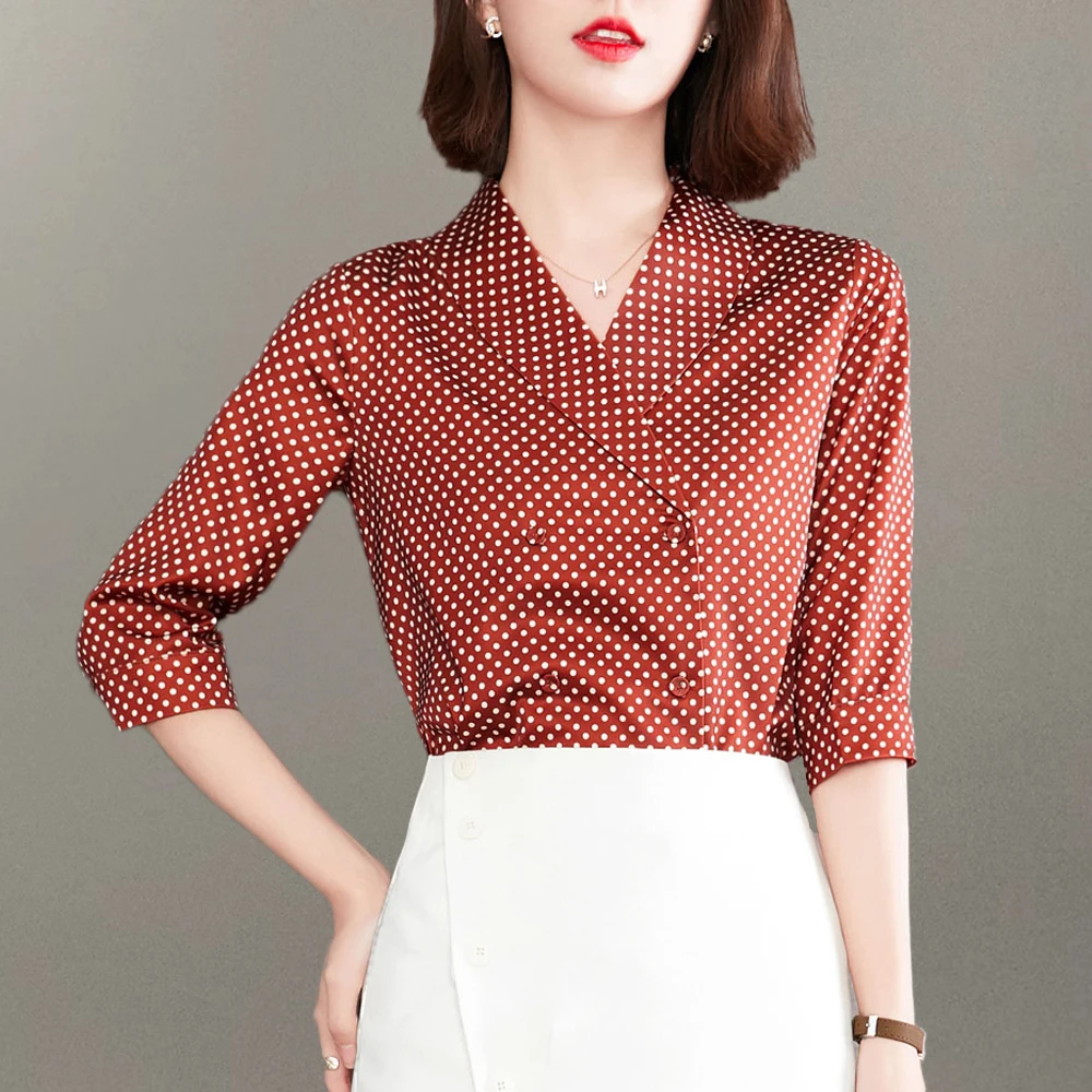 

Женские Летние шифоновые рубашки в Корейском стиле, винтажные блузки с коротким рукавом и V-образным вырезом в горошек, женские элегантные о...
