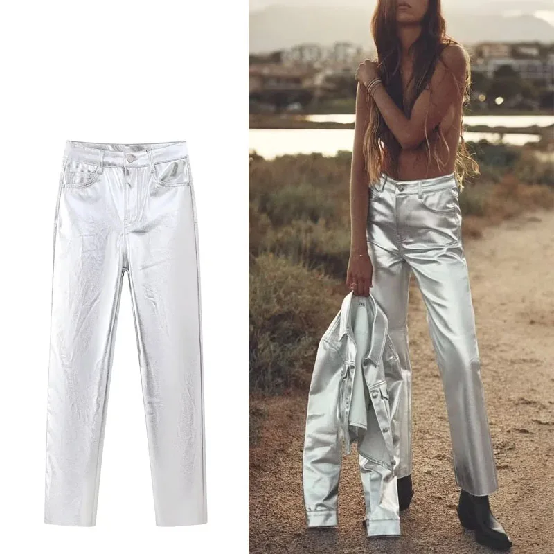 

Костюм TRAF женский прямой с брюками, винтажные брюки до щиколотки с завышенной талией, модные блестящие Приталенные брюки с металлическим блеском + укороченный пиджак