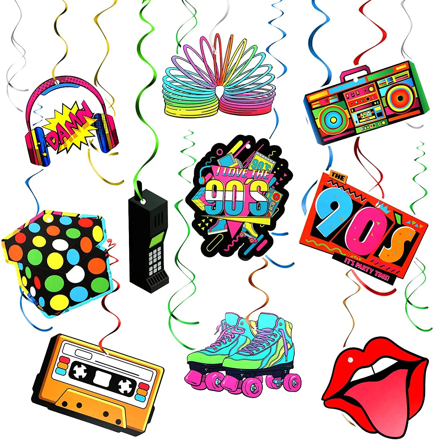 

32pcs Back to the 90s Party Hanging Swirls Decorations 90s Retro Ceiling Streamers for 1990s Throwback Birthday Party Supplies