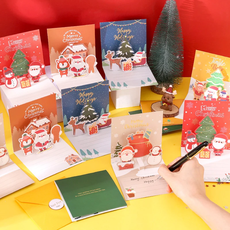 

Christmas Party Invitation Card, Greeting Cards For Friends, 3d Pop Up Kraft Paper Cards, Elk Snowman Pattern Diy Wishes Letter