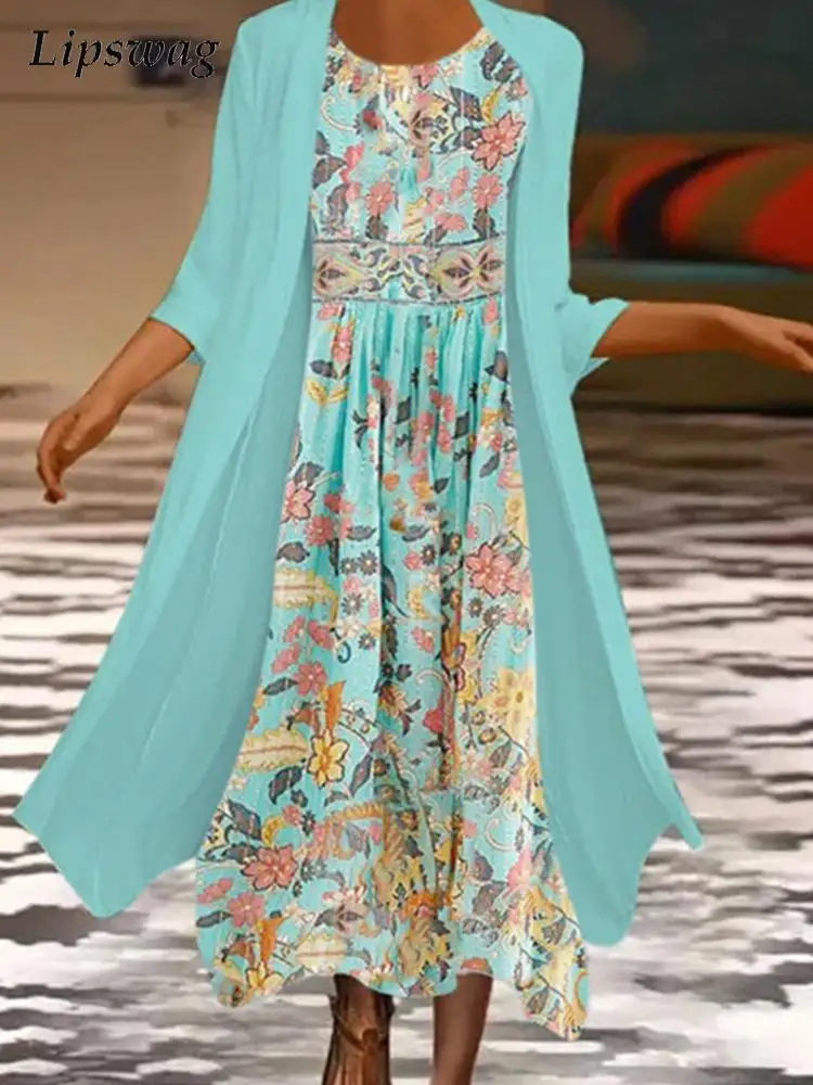

Summer Elegant Floral Print Two Beach Suit Women Fashion O-Neck Party Dress Casual Three Quarter Sleeve Dress And Cardigan Tops