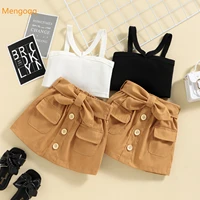 fashion girls summer solid clothing set 2pcs top vest bow button skirts packet kids baby children 9m 5y