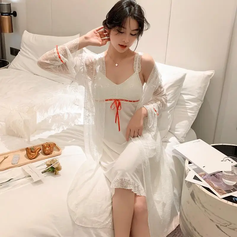 

Vintage Lace Kimono Gown Sexy Modal Robe Sets Summer Femme Nightwear Cardigan Perspective Sleepshirts Intimate Lingerie Homewear