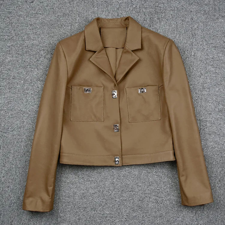 2023 Women New Genuine Sheep Jacket Casual Metal Buckle Real Sheepskin Leather Jacket E10