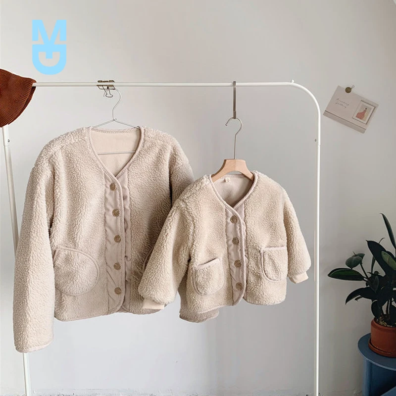 

New 2022Fall Winter Korean Boys Clothes For Girls Cardigan Japanese Granular Velvet Loose Lamb Velvet Warm Children's Jacket Coa