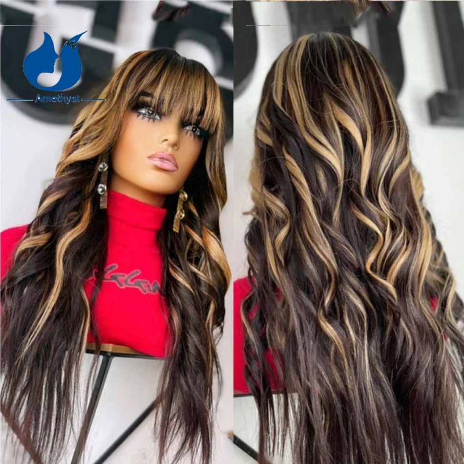 Amethyst Loose Wave Highlight Blonde Human Hair Wig With Bangs For Black Women Full Machine Scalp Top Wig Glueless Remy No Lace