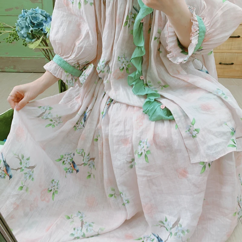 

Summer Original Design Women Bohemian Mori Kei Vintage Pastel Floral Bird Print Elasti Waist Cozy BreathablE Thin Ramie Skirts