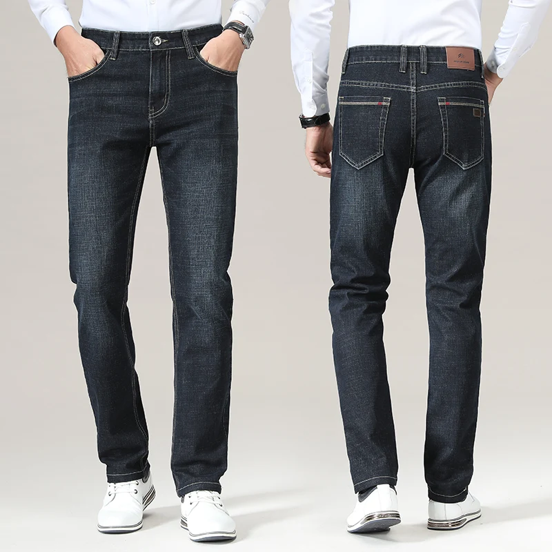 

Autumn Winter New Comfortable Elastic Thick Jeans Men Business Casual Classic Straight Fit Denim blue black Trousers