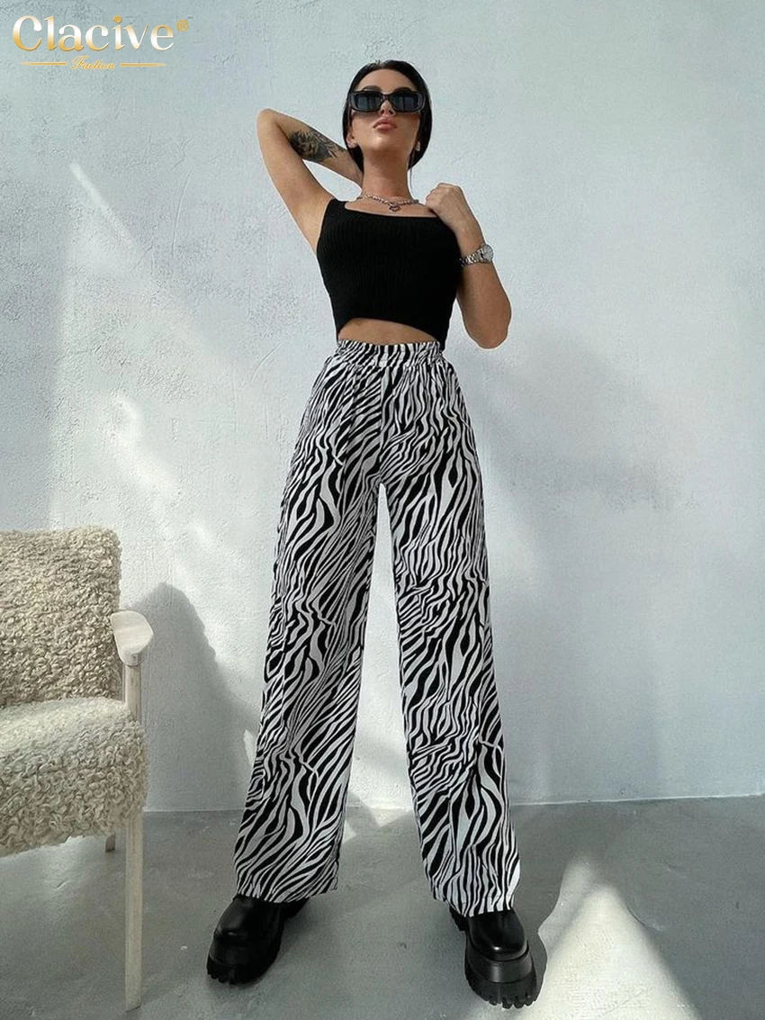 

Модные женские брюки Clacive с принтом зебры 2022 Летние повседневные свободные женские брюки с высокой талией Элегантные женские широкие брюки ...