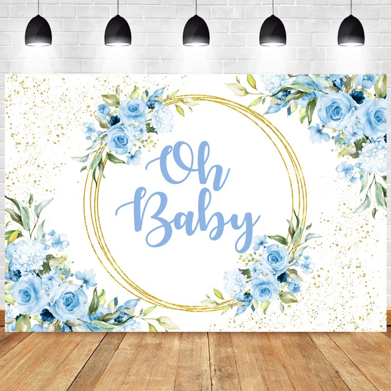 

Oh Baby Safari Photo Backdrop Happy Birthday Party Blue Flowers Baby Shower Newborn Photography Background Decoration Banner