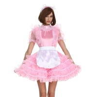 sissy girl maid high necked pink satin frilly dress cosplay costume crossdress