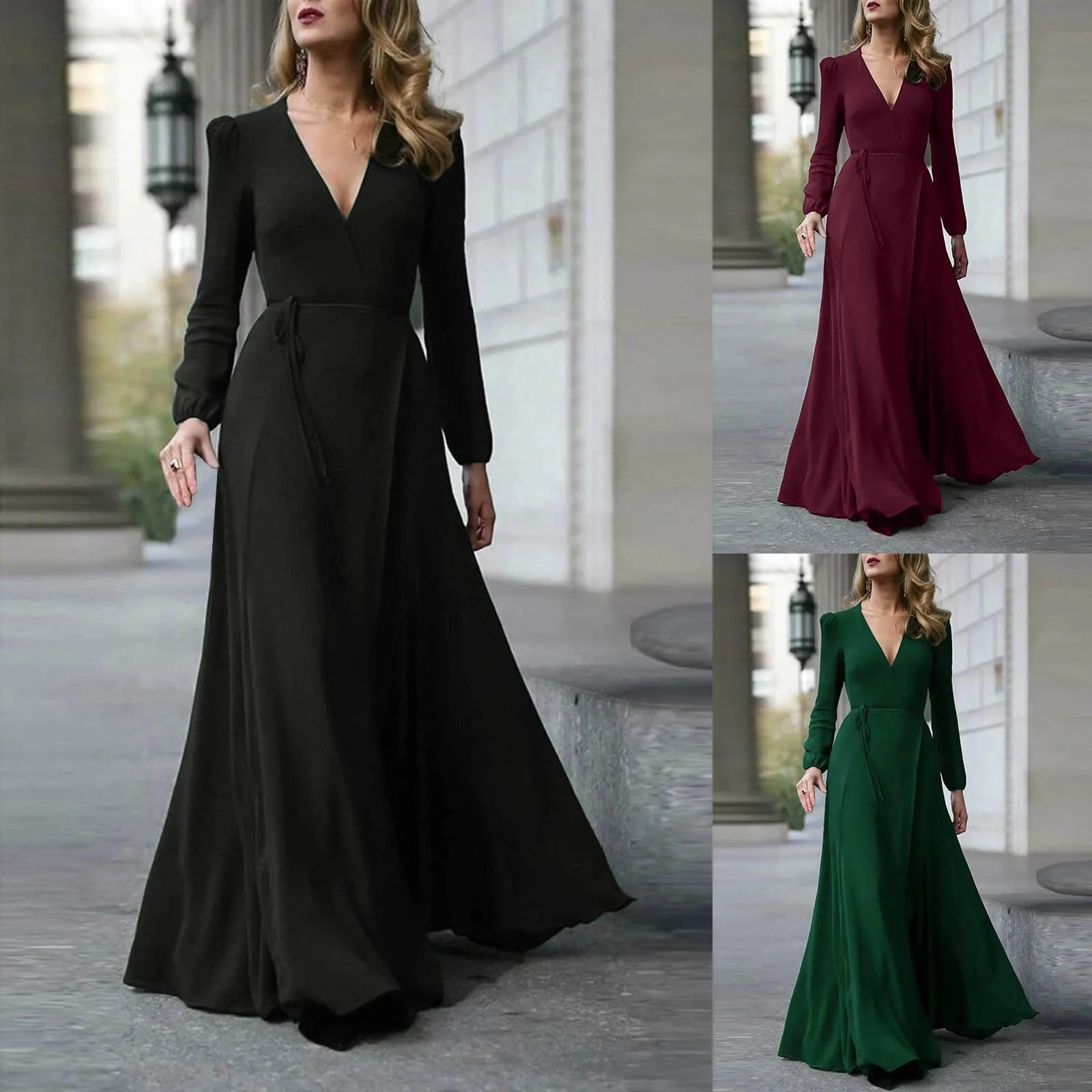 

Ladies Solid Color Long Sleeve V Neck Dress Lace Dress Mesh Dress Women Formal Dress Long